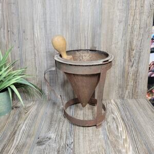 Vintage Cone Shaped Sieve & Pestle, Canning Strainer Colander, Rusty